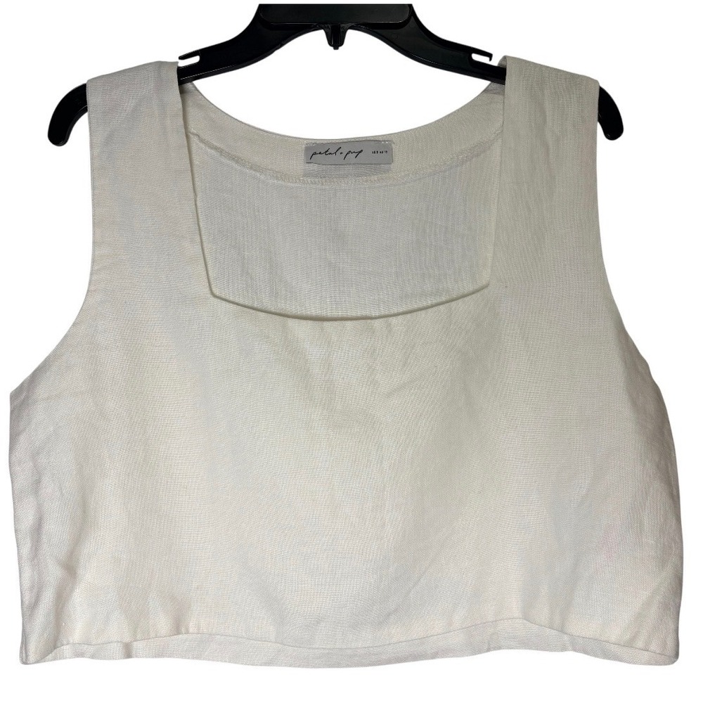 Petal Pup Crop Top Women 8 White 100% Linen Square Neck Sleeveless Tank